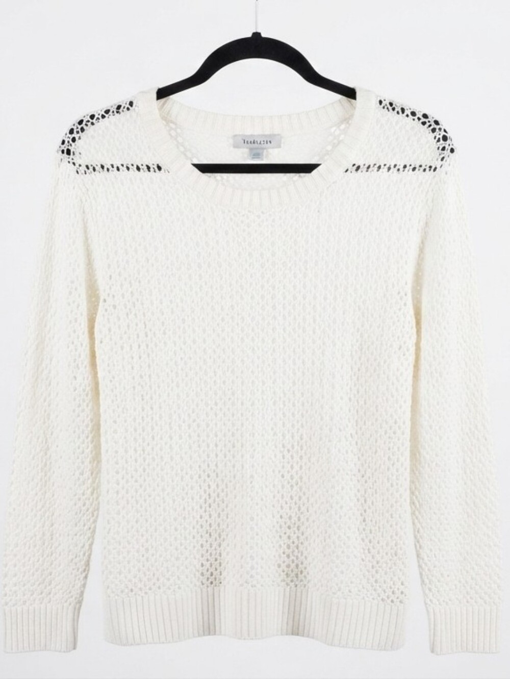 Van Heusen Women's Off-White Open Knit Openwork Crewneck Long Sleeve Sweater Siz